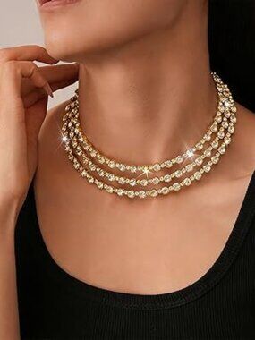 Triple Layer Crystal Gold Tone Rhinestone Necklace Statement Wedding Prom